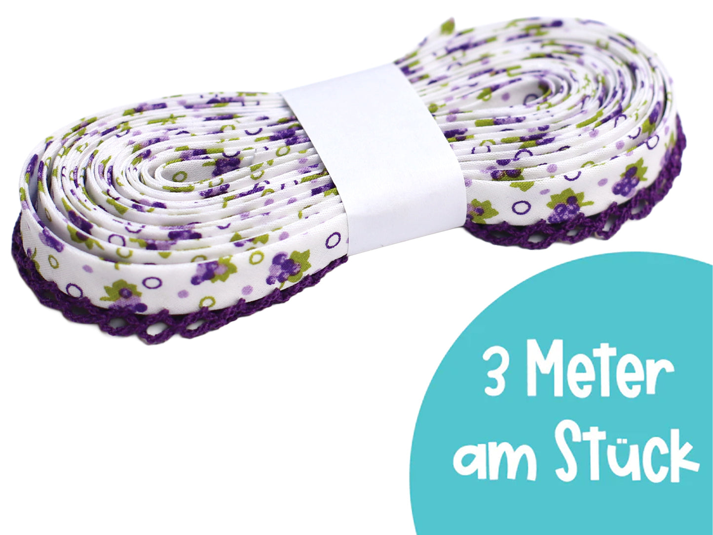 3m Schrägband mit Häkelborte - Trauben - violett