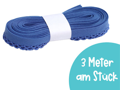 3m Schrägband mit Häkelborte - Uni - blau