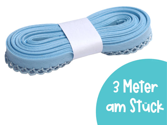 3m Schrägband mit Häkelborte - Uni - hellblau