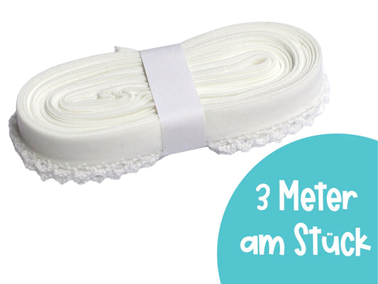 3m Schrägband mit Häkelborte - Uni - weiß