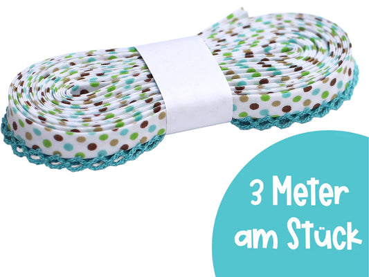 3m Schrägband mit Häkelborte - Winter Punkte - hellaqua