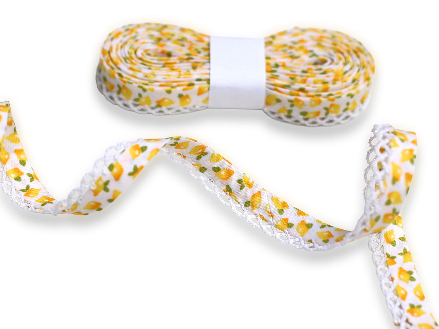 3m Schrägband mit Häkelborte - Zitronen - weiß