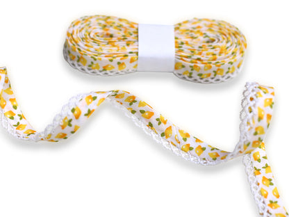 3m Schrägband mit Häkelborte - Zitronen - weiß