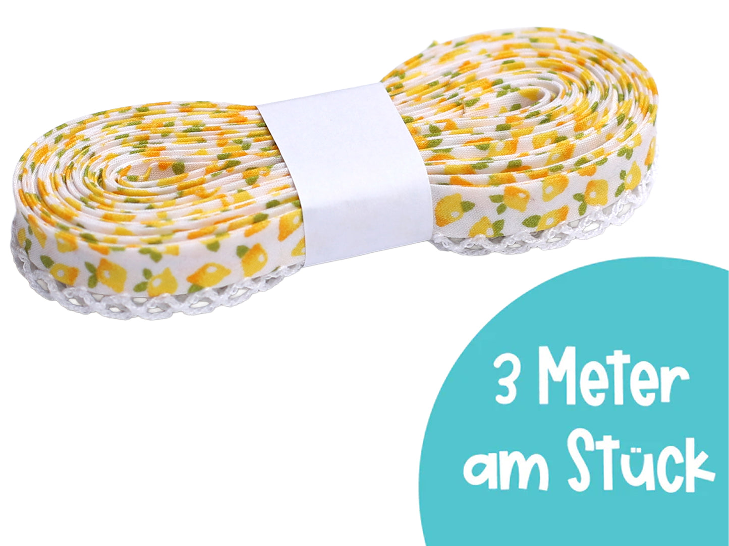 3m Schrägband mit Häkelborte - Zitronen - weiß