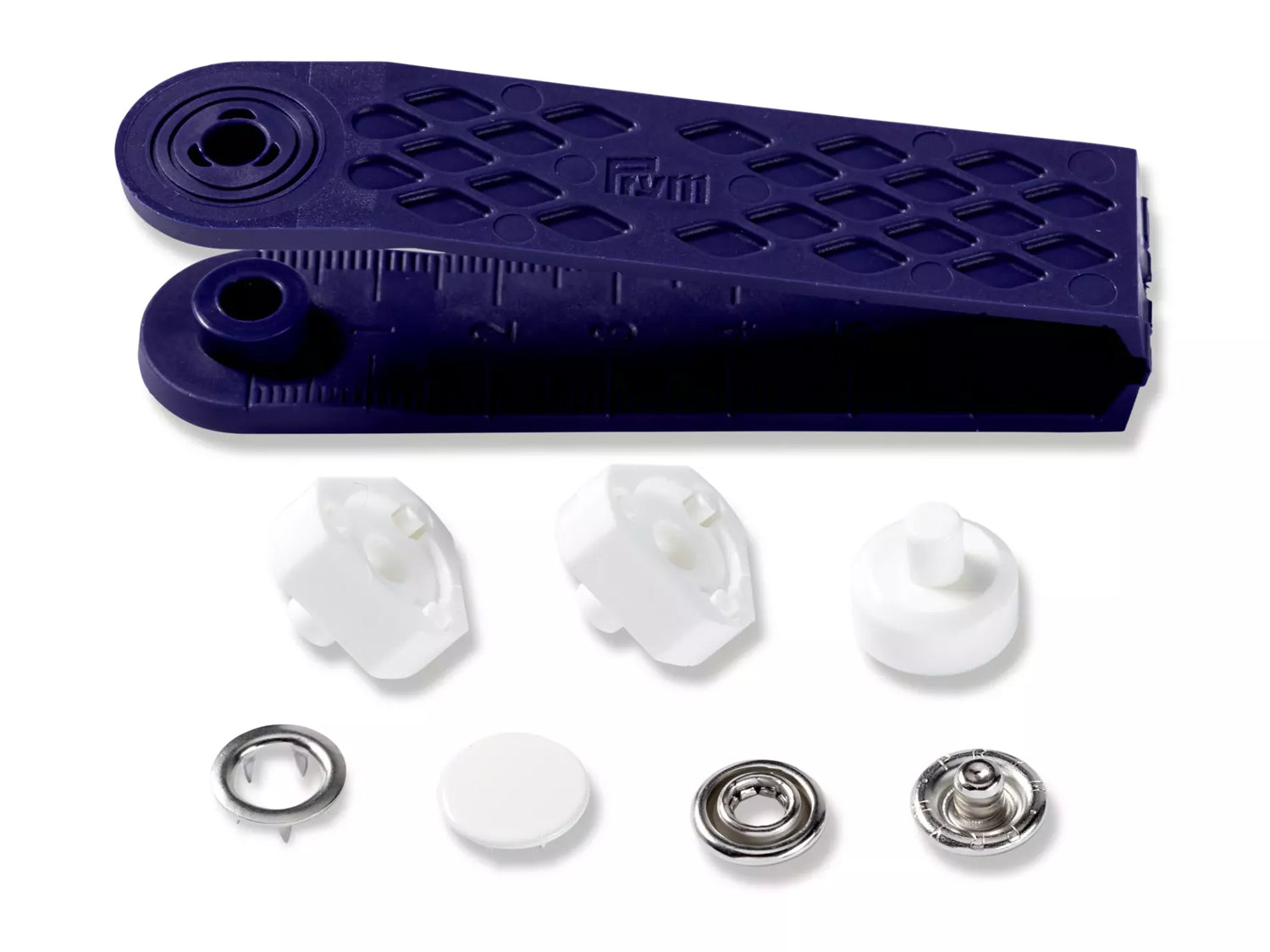 Prym Jersey Druckknöpfe 12mm in Weiß mit Werkzeug für einfache Anwendung und verschiedene Designs.