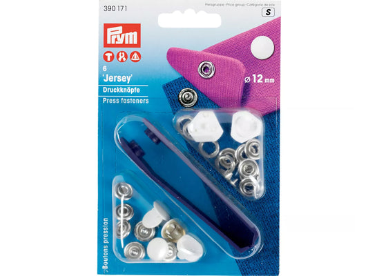 Prym Jersey Druckknöpfe 12mm - Packung mit Druckknöpfen und Werkzeug für einfache Anwendung auf dünnem Gewebe.
