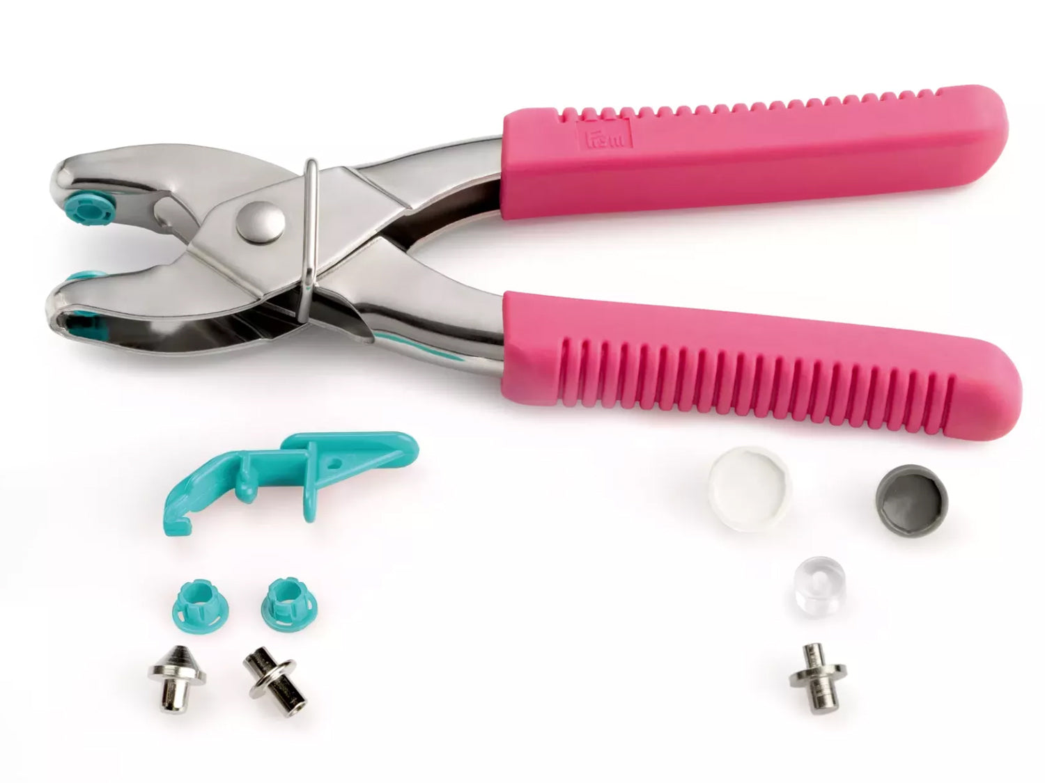Prym VARIO Druckknopf und Ösenzange pink mit Zubehörteilen auf weißem Hintergrund.