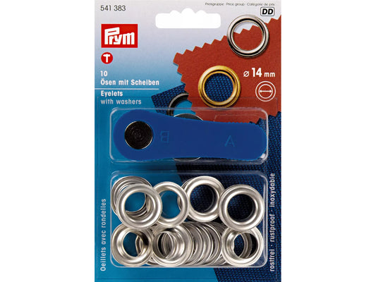 Prym - 10 Ösen mit Scheiben Ø 14mm - silberfarbig für Bekleidung, inklusive Werkzeug zur Anwendung.