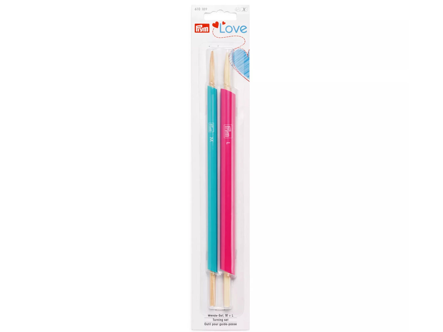 Prym Love Wende-Set M + L in pink and teal for turning fabric tubes easily and efficiently.
