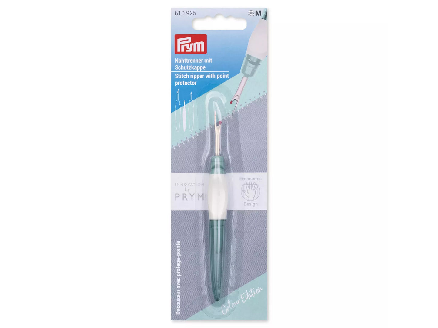Ergonomic seam ripper Prym in packaging with point protector and ergonomic grip design.
