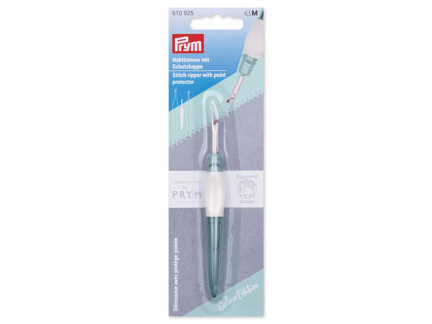 Ergonomic seam ripper Prym in packaging with point protector and ergonomic grip design.