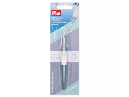 Ergonomic seam ripper Prym in packaging with point protector and ergonomic grip design.