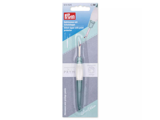 Ergonomic seam ripper Prym in packaging with point protector and ergonomic grip design.