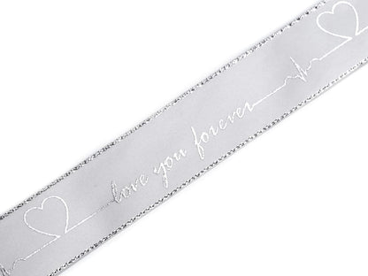 RESTSTÜCK satinband grau 26mm mit dem Aufdruck 'love you forever', ca. 98 cm lang.