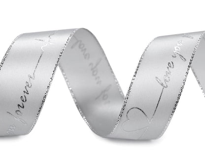 RESTSTÜCK satinband grau 26mm mit Aufschrift "love you forever", grau, ca. 98cm lang.
