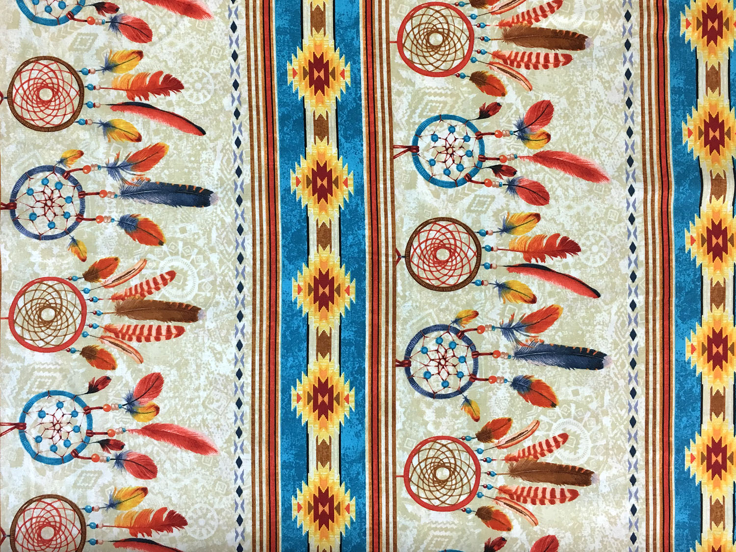 Patchworkstoff - Baumwolle Stoff - Southwest Dreamcatcher mit bunten Traumfängern und geometrischem Muster