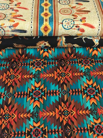 Patchworkstoff - Baumwolle Stoff - Southwest Dreamcatcher mit bunten Mustern und Traumfängern auf verschiedenen Stoffbahnen.