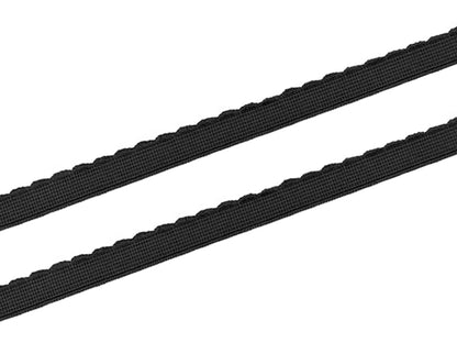 schwarzes Gummiband mit Bogenkante 12mm auf einer Rolle, geeignet für verschiedene Nähprojekte.