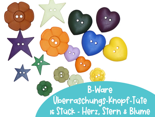 B-Ware Überraschungs-Knopf-Tüte - 16 Stück - Blume, Herz & Stern