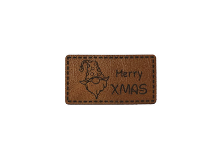 Étiquette en simili cuir - gnome, Merry XMAS - marron
