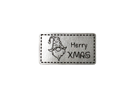 Etiquette en simili cuir - gnome, Merry XMAS - argent