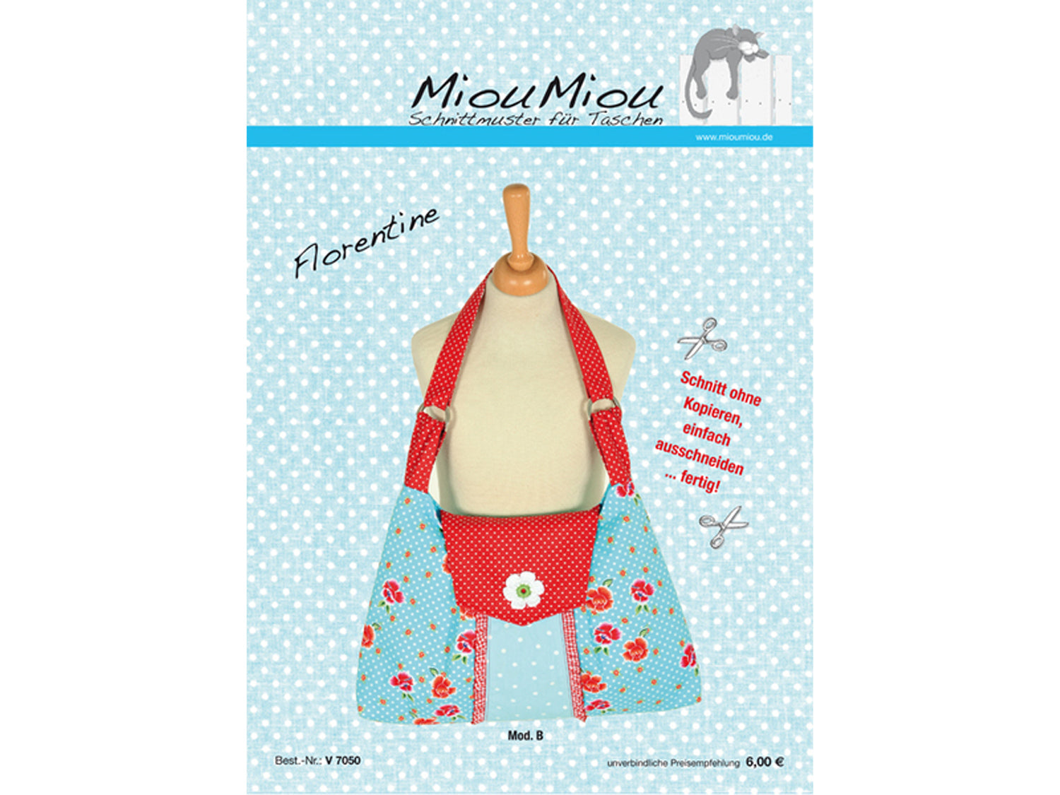 Miou Miou Florentine shoulder bag pattern shown on a mannequin with a floral design and red accents.