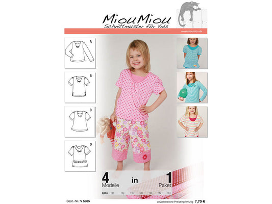 Miou Miou T-Shirt Schnittmuster 4 in 1 Papierschnittmuster für Kinder, vier Modelle abgebildet.