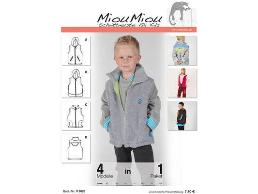 Miou Miou sportliche Weste Schnittmuster für Kids - Papierschnittmuster mit 4 Modellen in 1 Paket.