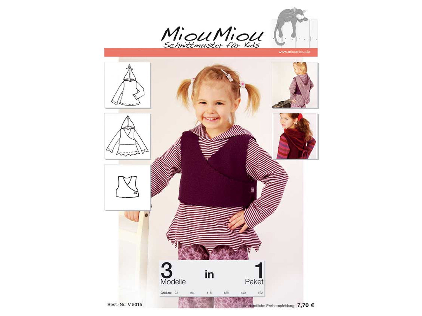 Miou Miou Kapuzenshirt Schnittmuster Papierschnittmuster für Kinder in einer Verpackung mit Illustrationen.