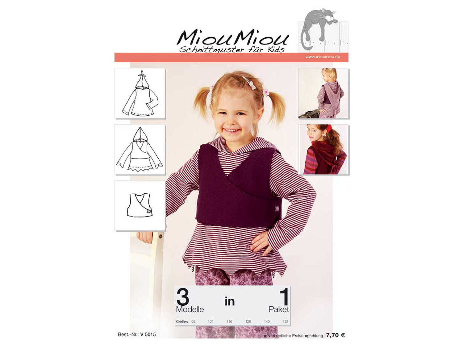 Miou Miou Kapuzenshirt Schnittmuster Papierschnittmuster für Kinder in einer Verpackung mit Illustrationen.