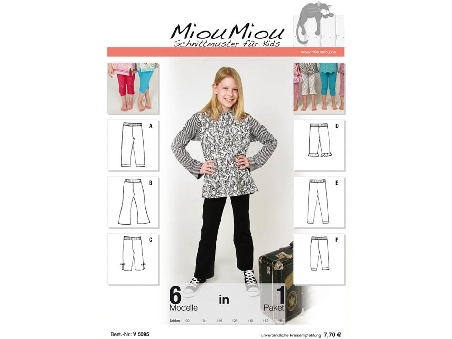 Miou Miou leggings sewing patterns for kids, featuring six models and various styles, ideal for creative sewing projects.