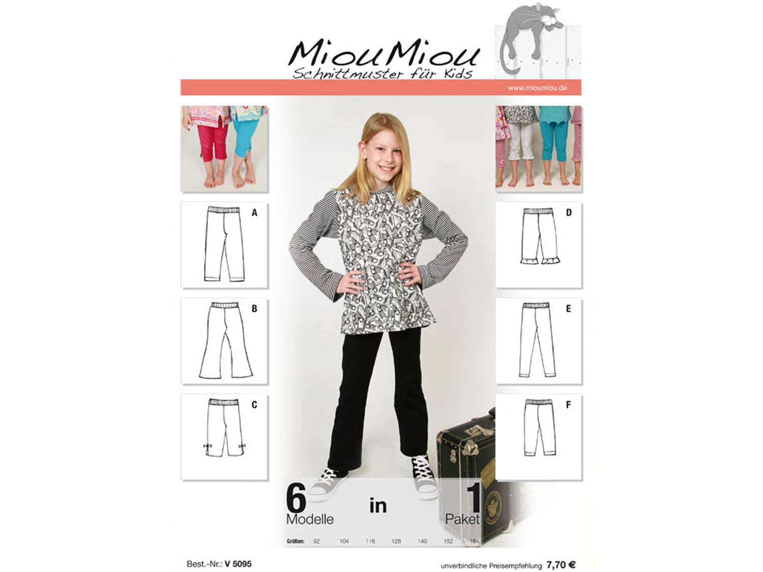 Miou Miou leggings sewing patterns for kids, featuring six models and various styles, ideal for creative sewing projects.