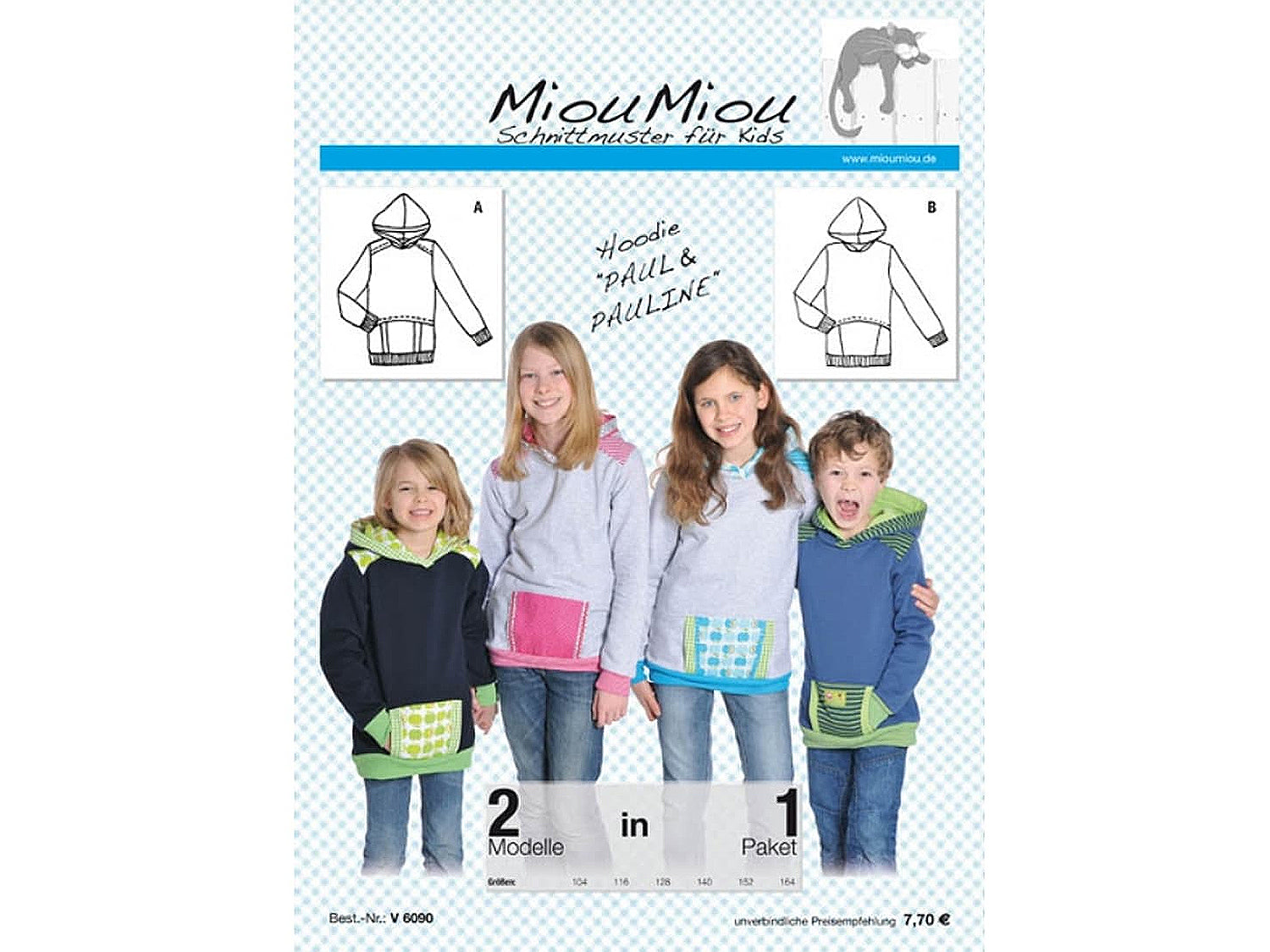 Miou Miou hoodie pattern showcasing kids wearing stylish hoodies in various colors and designs.