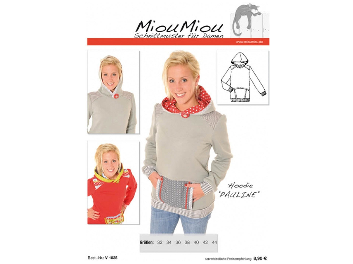Miou Miou hoodie pattern featuring stylish designs and details, including a cozy hood and kangaroo pocket.