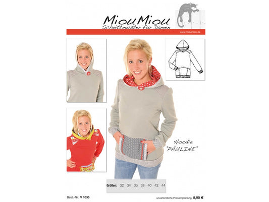 Miou Miou hoodie pattern featuring stylish designs and details, including a cozy hood and kangaroo pocket.