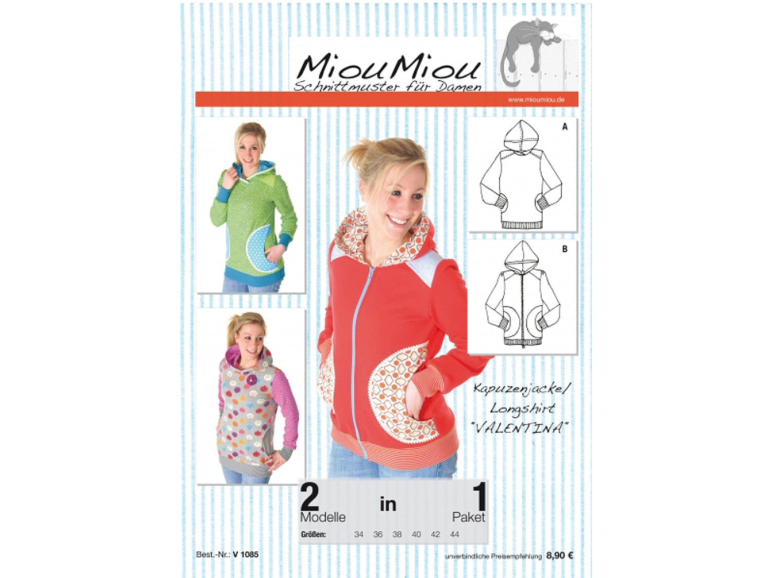 Miou Miou Schnittmuster Kapuzenjacke Longshirt Valentina Papierschnittmuster mit Modellen in verschiedenen Farben.