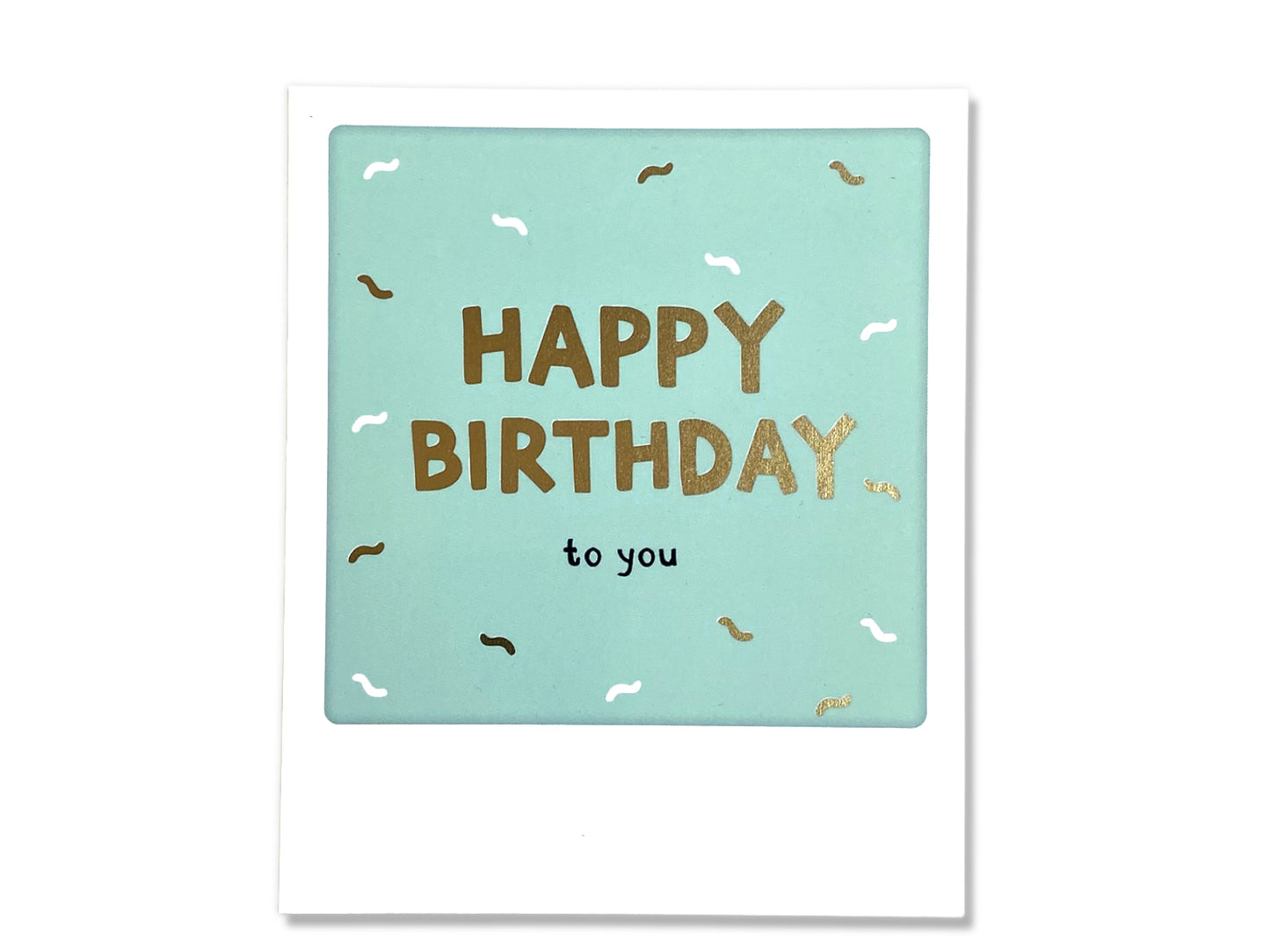 happy birthday photo postcard with golden highlights and playful design features.