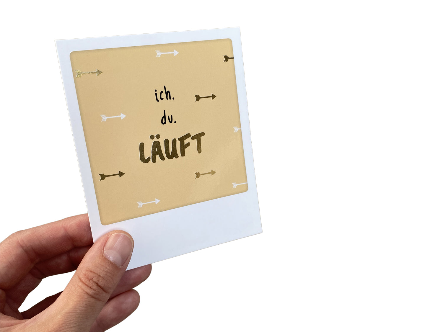 Foto von der Postkarte 'ich du LÄUFT' mit bunten Illustrationen und golden funkelnden Highlights.