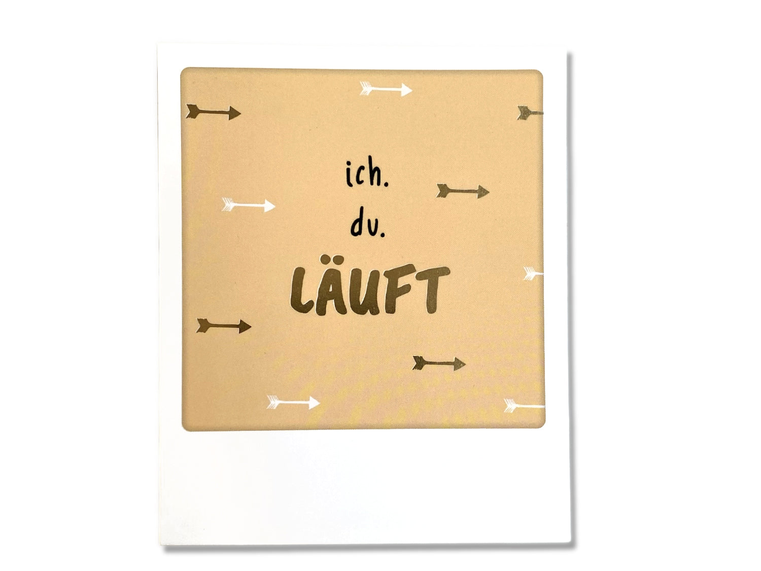 ich du LÄUFT Postkarte mit Illustration und Pfeilen auf beigefarbenem Hintergrund