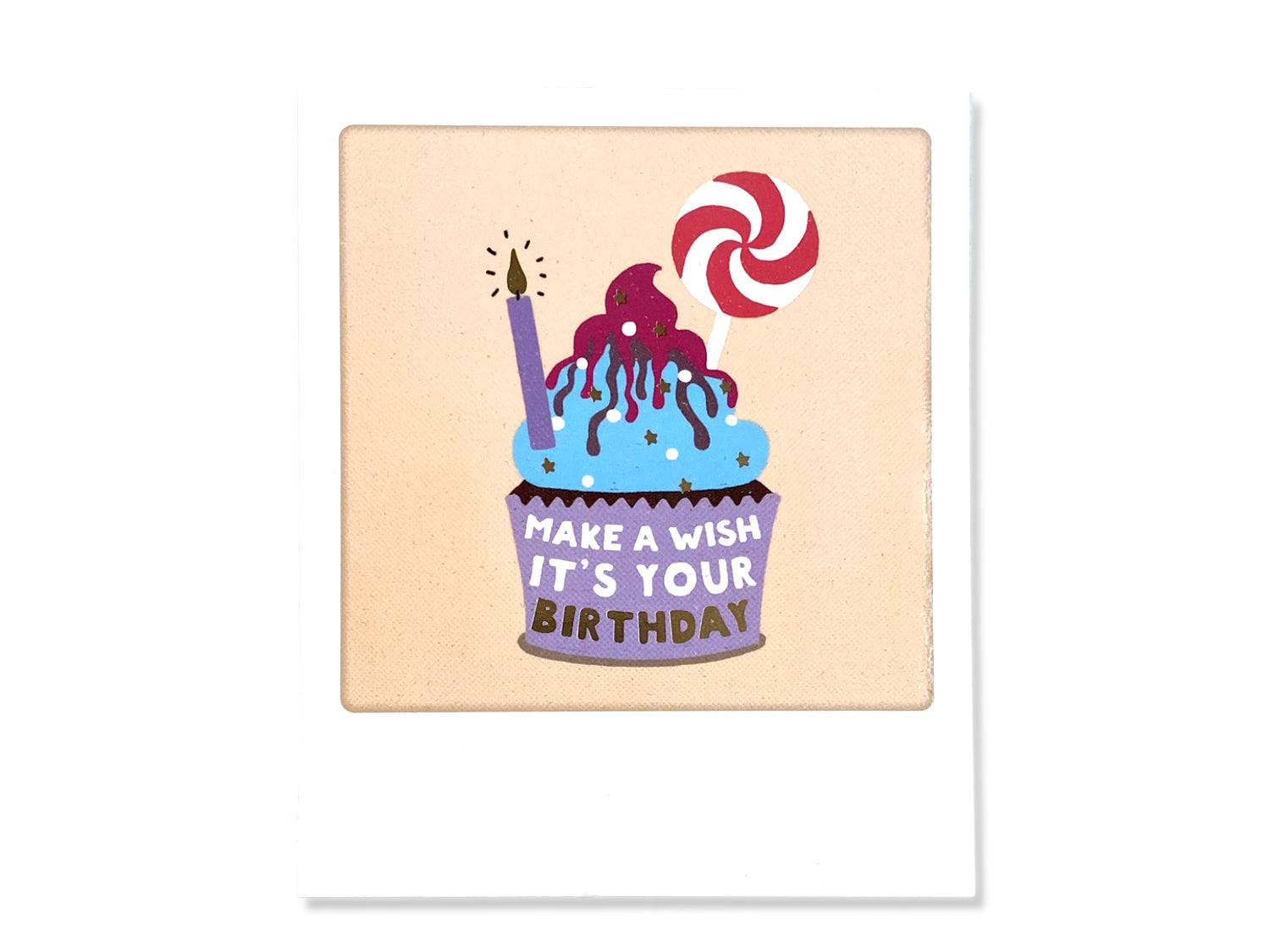 birthday wish photo postcard featuring colorful cupcake, candle, and swirl lollipop design.