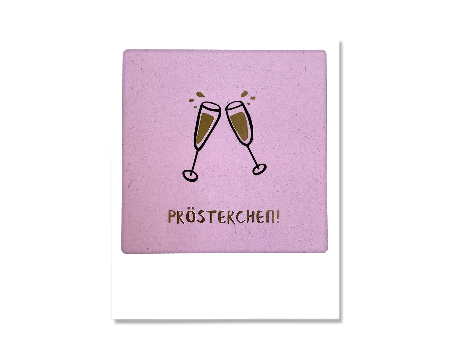 Illustrated photo postcard featuring champagne glasses with the text "Prösterchen!" on a pink background.