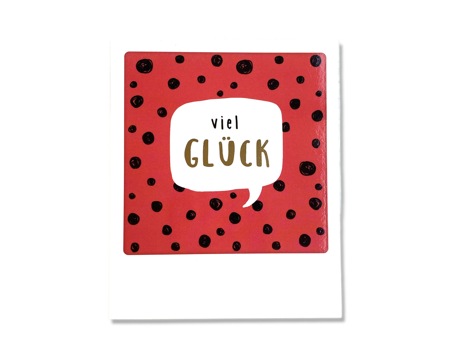 Viel Glück Postkarte mit Sprechblase, rote Postkarte mit schwarzem Punktmuster, kreative Geschenk-Idee.