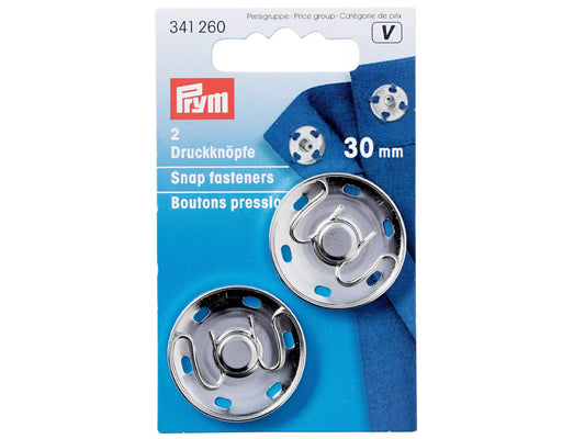 Prym 30mm silver snap buttons pack with two snap fasteners for sewing and crafting.
