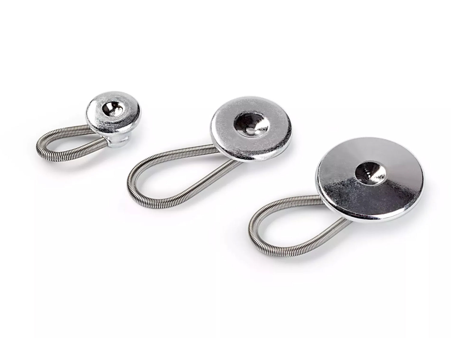 Prym flexible metal buttons in 10mm, 15mm, and 19mm sizes with loop for adjustable fits.