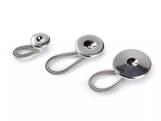 Prym flexible metal buttons in 10mm, 15mm, and 19mm sizes with loop for adjustable fits.