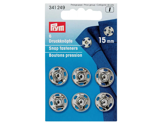 Prym Annäh-Druckknöpfe 15mm silberfarbig, 6 Stück, ideal für Bekleidung und Accessoires aus rostfreiem Messing.