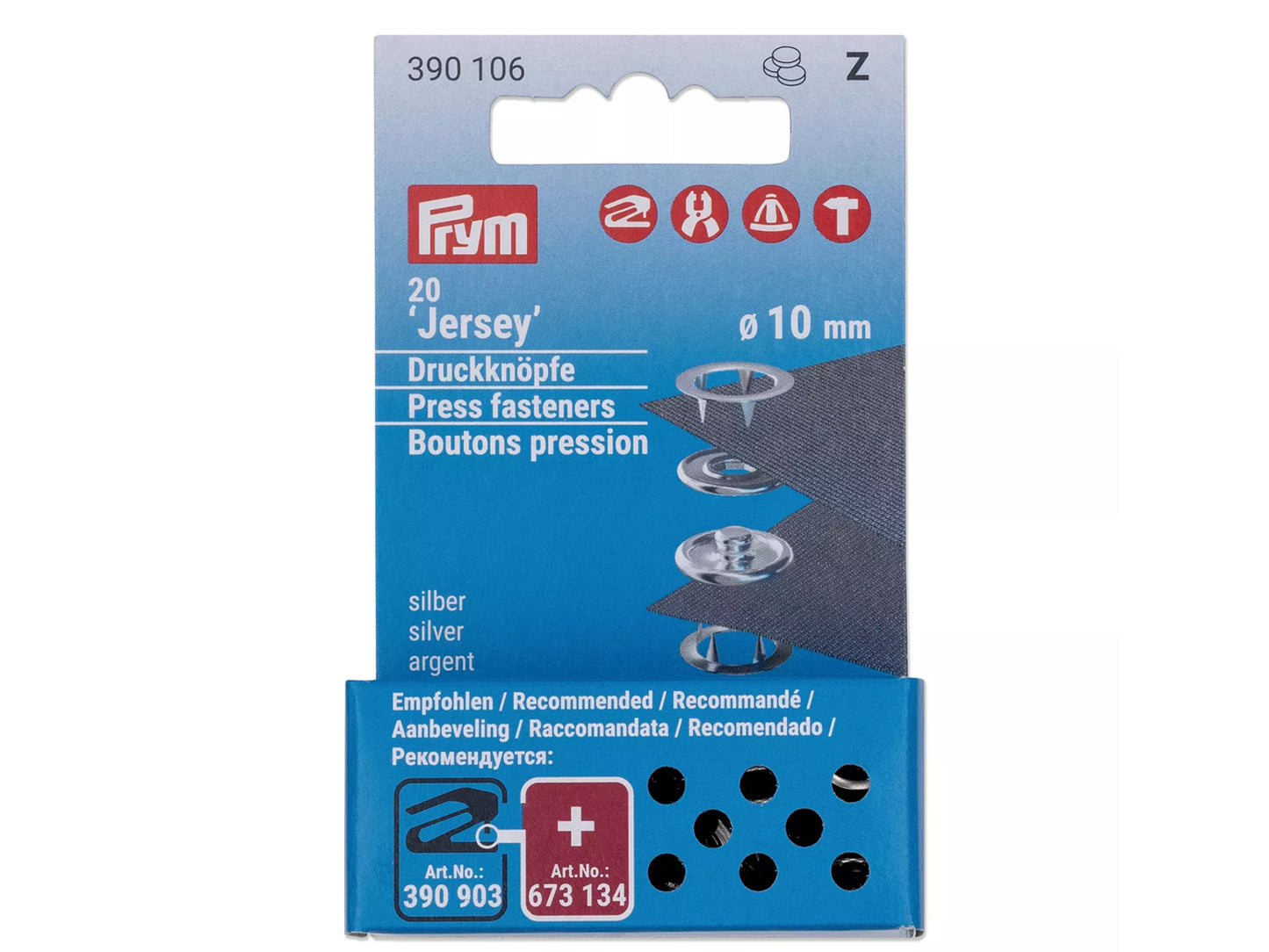 Prym Nähfrei-Nachfüllpackung mit 20 Jersey Druckknöpfen Zackenring 10mm, silberfarbig für dünnere Stoffe.