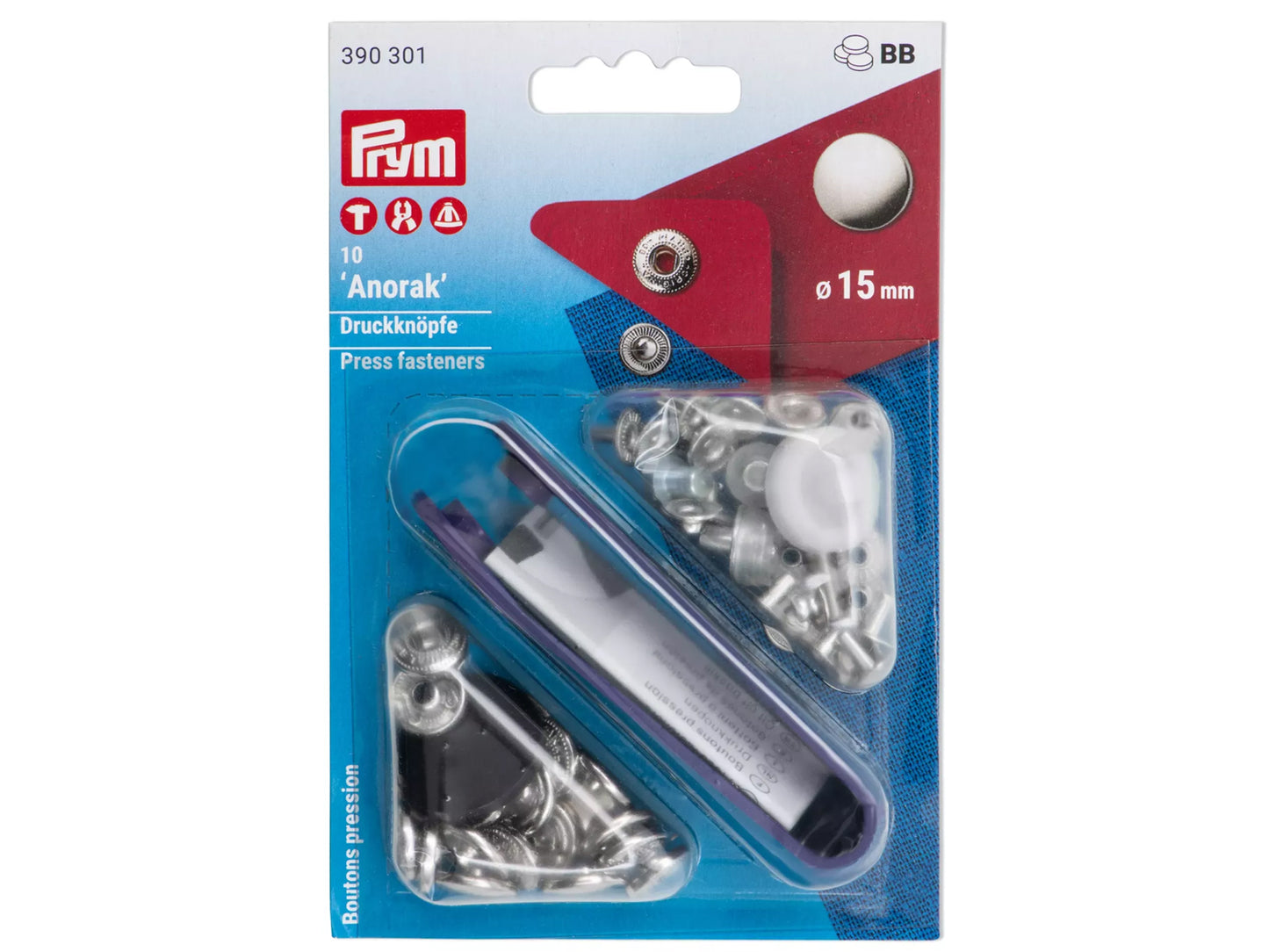 Prym - 10 Nähfrei-Druckknöpfe Anorak, 15mm, silberfarbig für Jacken und Kleider, inklusive Werkzeuge.