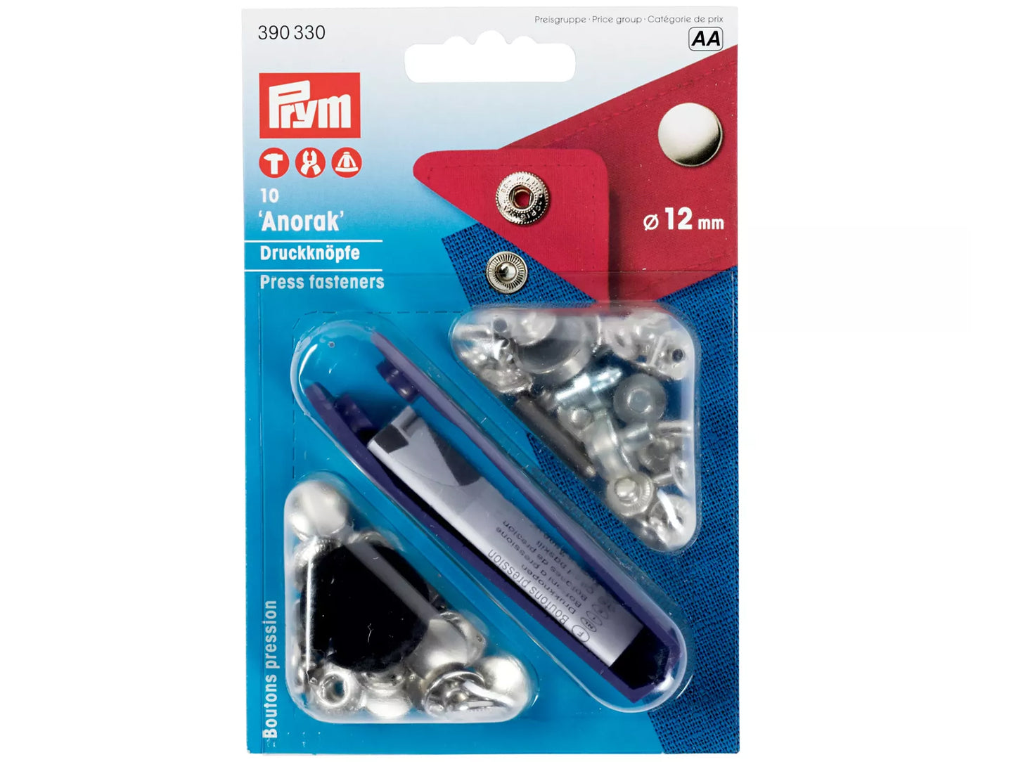Prym - 10 Nähfrei-Druckknöpfe Anorak, 12mm, silberfarbig für tolle Nähprojekte, inkl. Werkzeuge, für Anoraks.