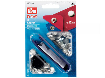 Prym - 10 Nähfrei-Druckknöpfe Anorak, 12mm, silberfarbig für tolle Nähprojekte, inkl. Werkzeuge, für Anoraks.